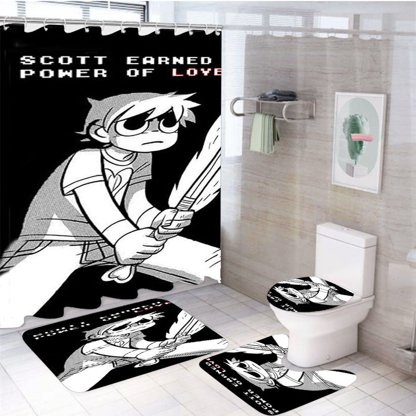 Scott Pilgrim Quotes 4Pcs Bathroom Non-Slip Rugs Shower Curtain Fabric Waterproof