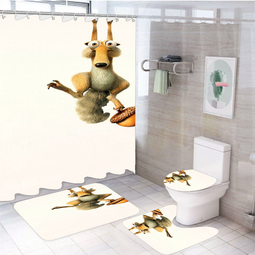 Scrat Character Ice Age 4Pcs Bathroom Non-Slip Rugs Shower Curtain Fabric Waterproof