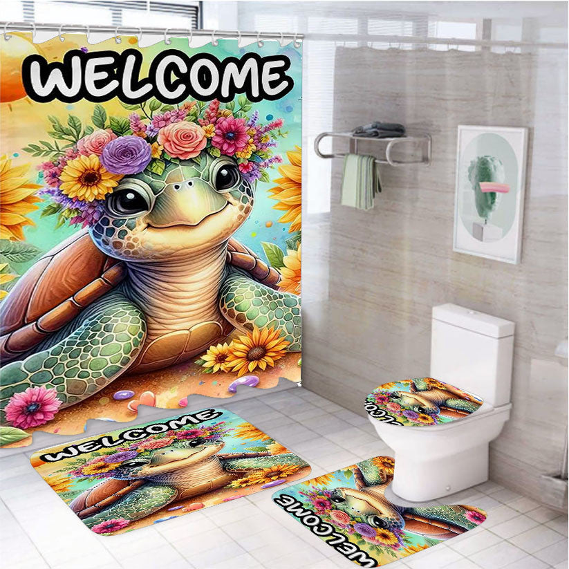 Sea Turtle 4Pcs Bathroom Non-Slip Rugs Shower Curtain Fabric Waterproof