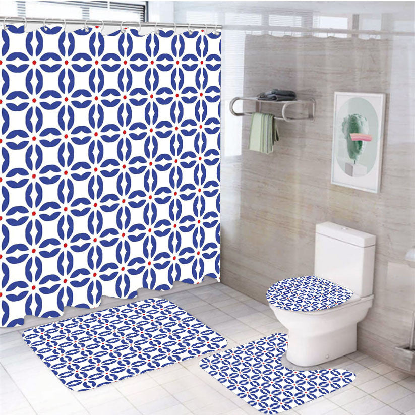 Seamless Art Style Wallpaper Design Pattern 4Pcs Bathroom Non-Slip Rugs Shower Curtain Fabric Waterproof