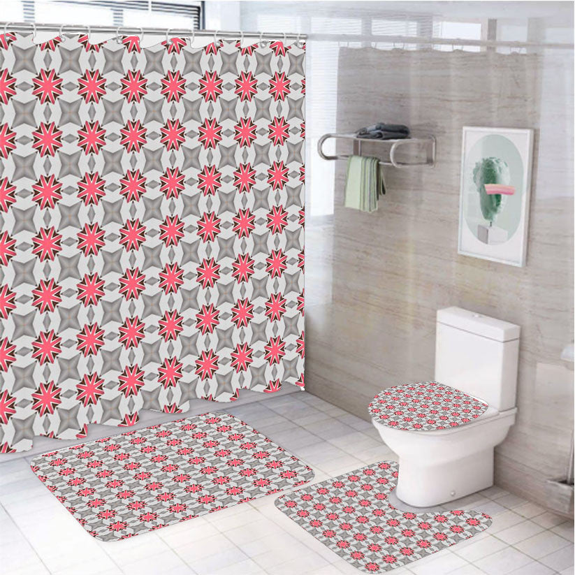 Seamless Design Wallpaper Style Pattern 2 4Pcs Bathroom Non-Slip Rugs Shower Curtain Fabric Waterproof