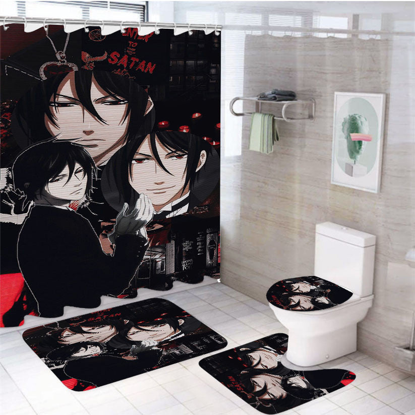 Sebastian Michaelis Kuroshitsuji Anime 4Pcs Bathroom Non-Slip Rugs Shower Curtain Fabric Waterproof