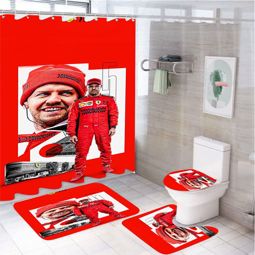 Sebastian Vettel Formula One 4 4Pcs Bathroom Non-Slip Rugs Shower Curtain Fabric Waterproof