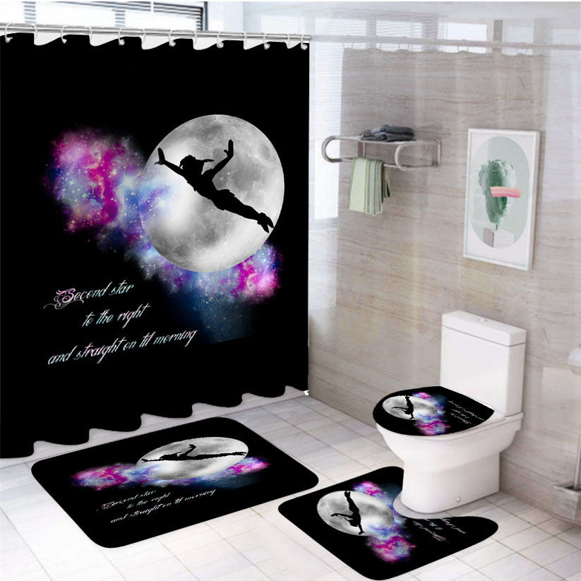 Second Star To The Right 4Pcs Bathroom Non-Slip Rugs Shower Curtain Fabric Waterproof