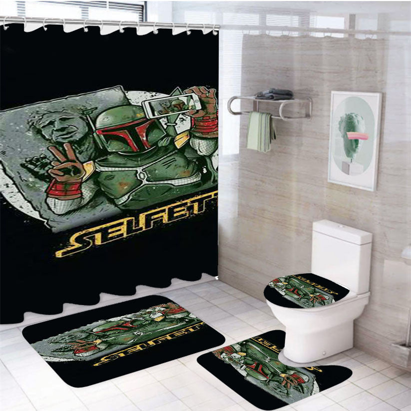 Selfett 4Pcs Bathroom Non-Slip Rugs Shower Curtain Fabric Waterproof