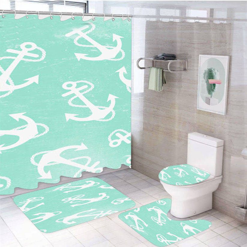 Serene Ocean Anchors 4Pcs Bathroom Non-Slip Rugs Shower Curtain Fabric Waterproof