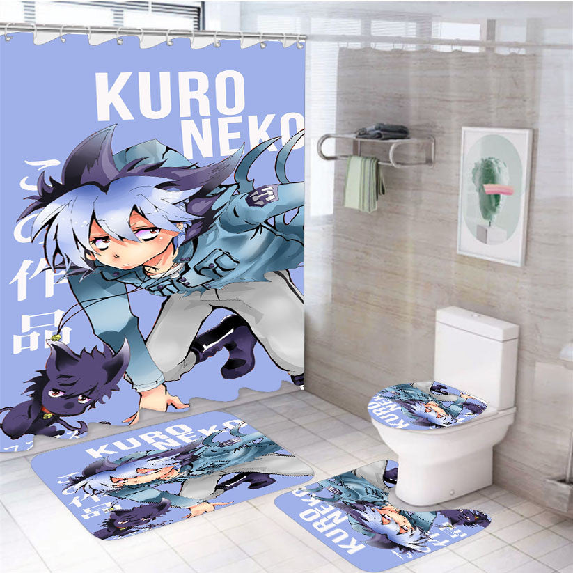 Servamp Kuro Neko Sleepy Ash Anime 4Pcs Bathroom Non-Slip Rugs Shower Curtain Fabric Waterproof