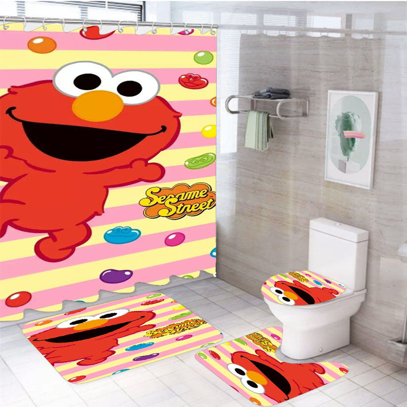 Sesame Street Puppet 4Pcs Bathroom Non-Slip Rugs Shower Curtain Fabric Waterproof