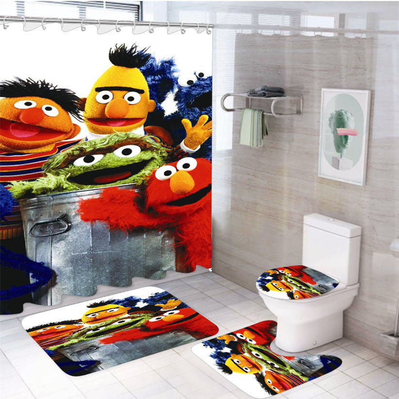 Sesame Street Wallpaper Mobile 4Pcs Bathroom Non-Slip Rugs Shower Curtain Fabric Waterproof