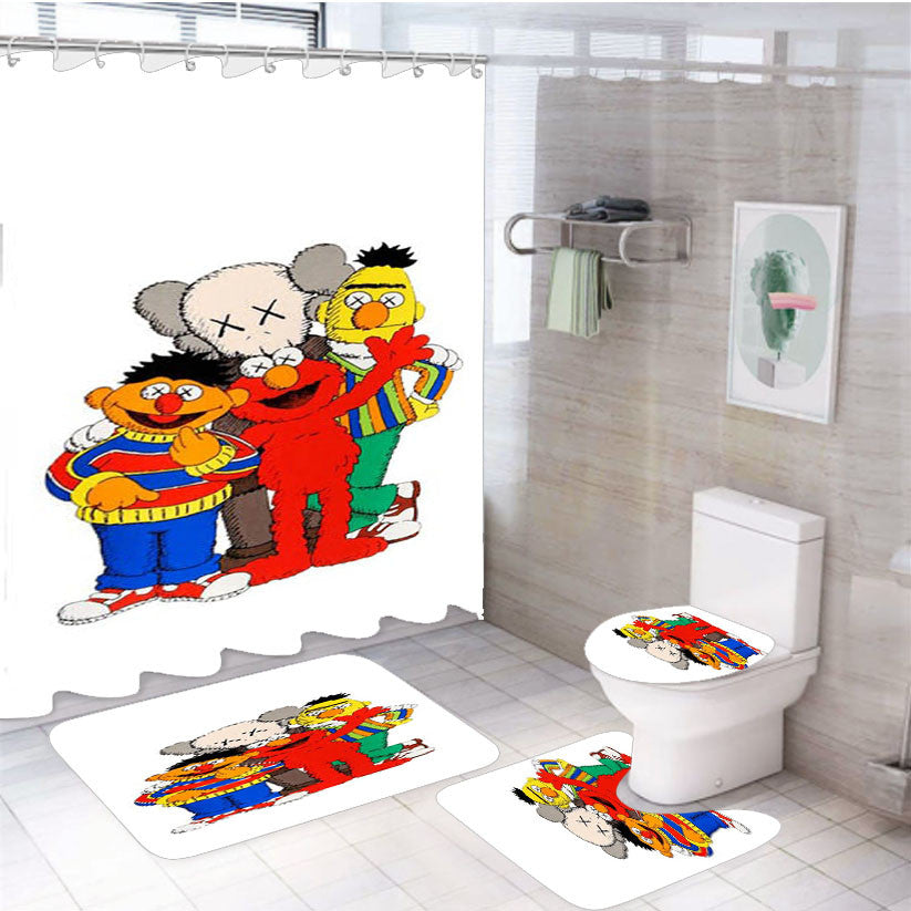 Sesame Street X Kaws 4Pcs Bathroom Non-Slip Rugs Shower Curtain Fabric Waterproof