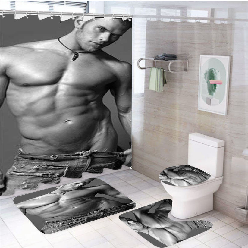 Sexy Guy Grey Jeans 4Pcs Bathroom Non-Slip Rugs Shower Curtain Fabric Waterproof