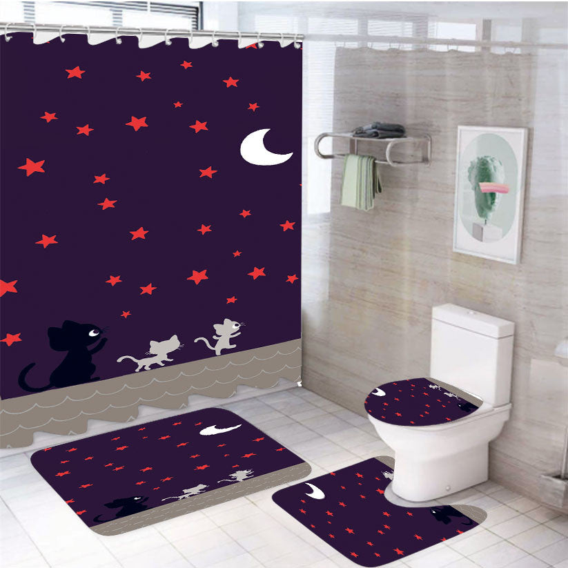 Shadows Nighttime Adventure Wallpaper 4Pcs Bathroom Non-Slip Rugs Shower Curtain Fabric Waterproof