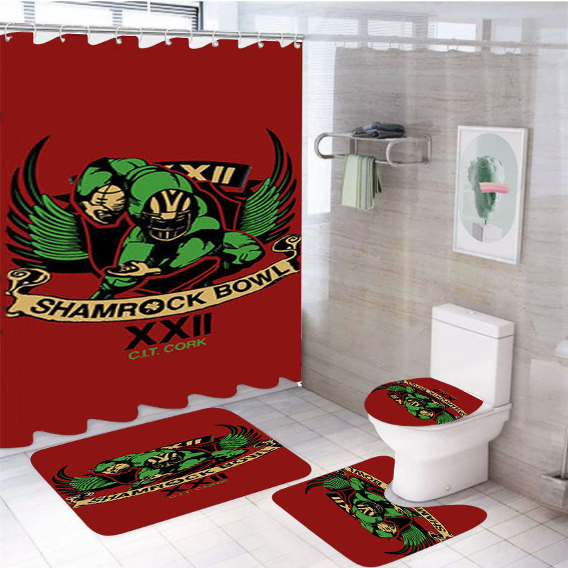 Shamrock Bowl Logo Red 4Pcs Bathroom Non-Slip Rugs Shower Curtain Fabric Waterproof