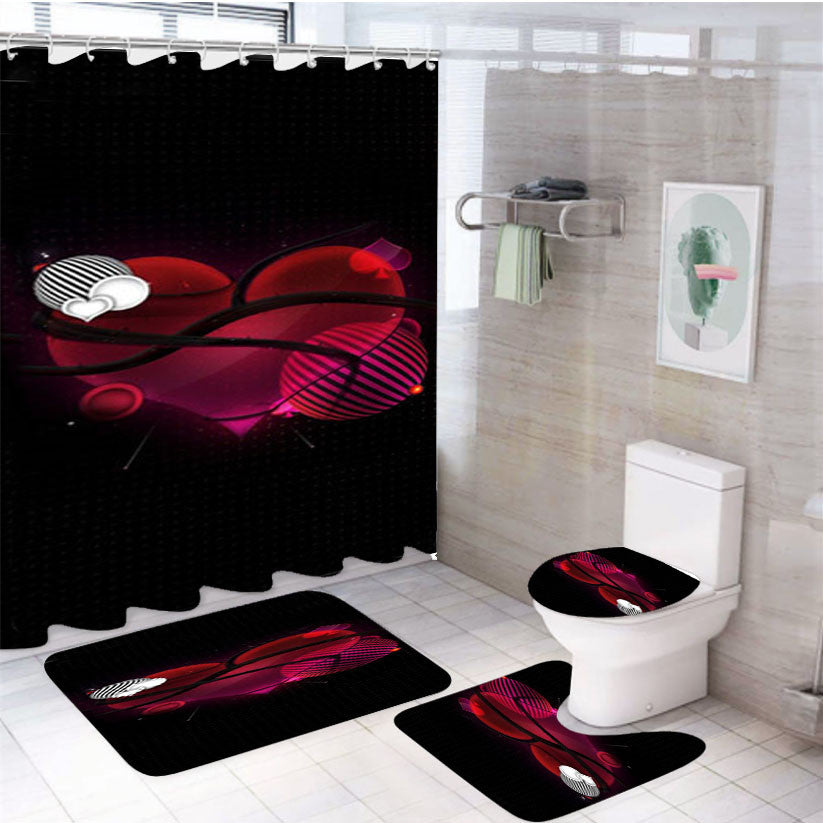 Shaped Heart Transparent 4Pcs Bathroom Non-Slip Rugs Shower Curtain Fabric Waterproof