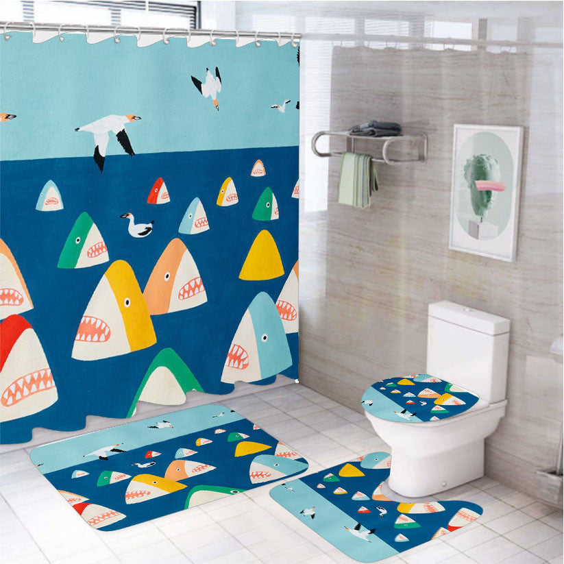 Shark Park 4Pcs Bathroom Non-Slip Rugs Shower Curtain Fabric Waterproof