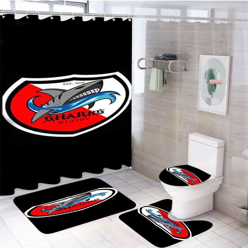 Sharks Logos Kecik 4Pcs Bathroom Non-Slip Rugs Shower Curtain Fabric Waterproof