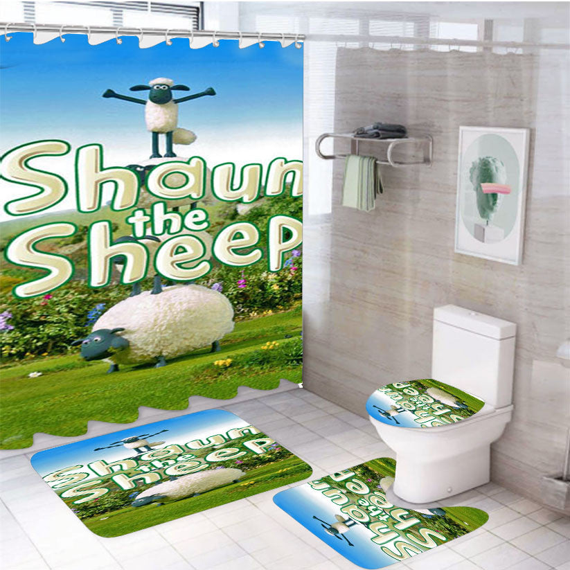 Shaun The Sheep Cover 4Pcs Bathroom Non-Slip Rugs Shower Curtain Fabric Waterproof