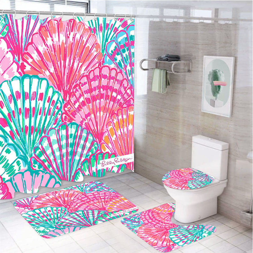 Shell Pattern Lilly Pulitzer 4Pcs Bathroom Non-Slip Rugs Shower Curtain Fabric Waterproof