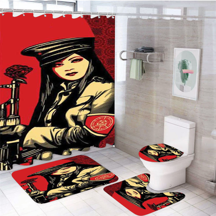 Shepard Fairey Female Soldier 4Pcs Bathroom Non-Slip Rugs Shower Curtain Fabric Waterproof