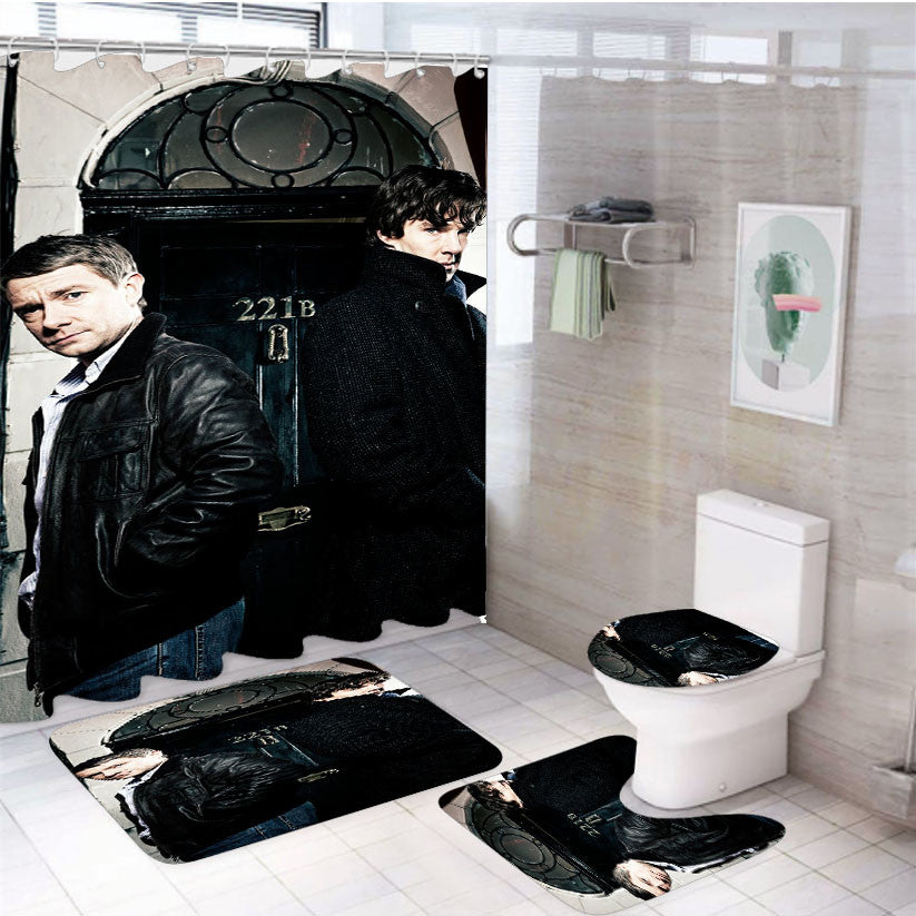 Sherlock And Dr Watson 4Pcs Bathroom Non-Slip Rugs Shower Curtain Fabric Waterproof