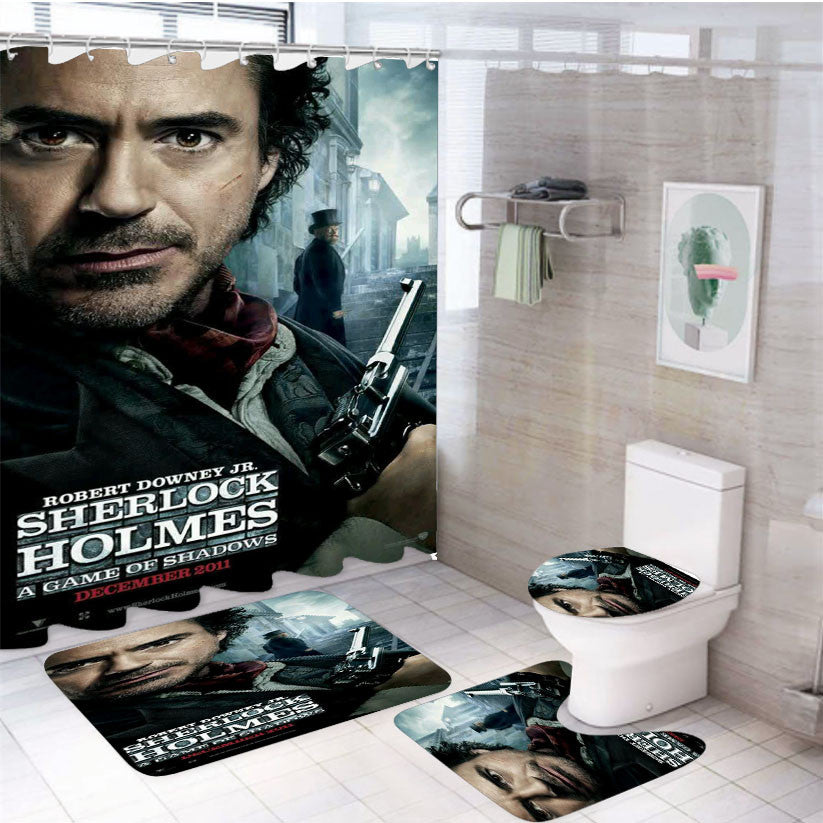 Sherlock Holmes 4Pcs Bathroom Non-Slip Rugs Shower Curtain Fabric Waterproof