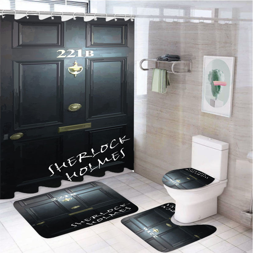 Sherlock Holmes Door 4Pcs Bathroom Non-Slip Rugs Shower Curtain Fabric Waterproof