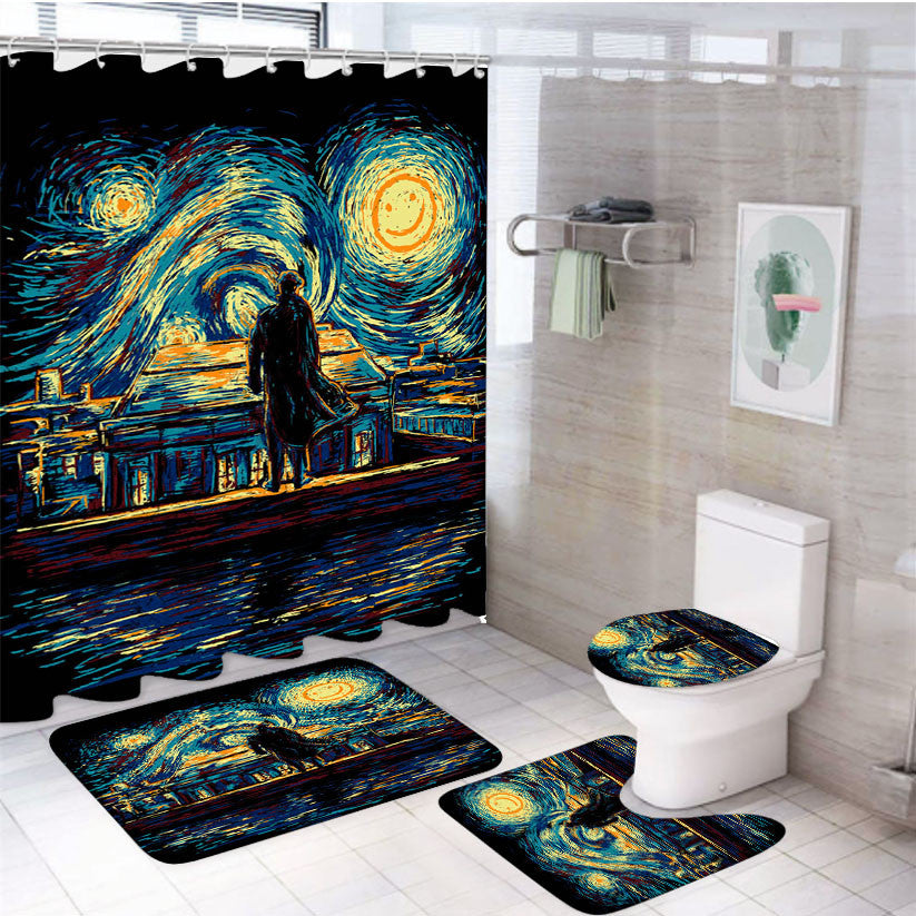 Sherlock Holmes Vangogh Starry Night 4Pcs Bathroom Non-Slip Rugs Shower Curtain Fabric Waterproof