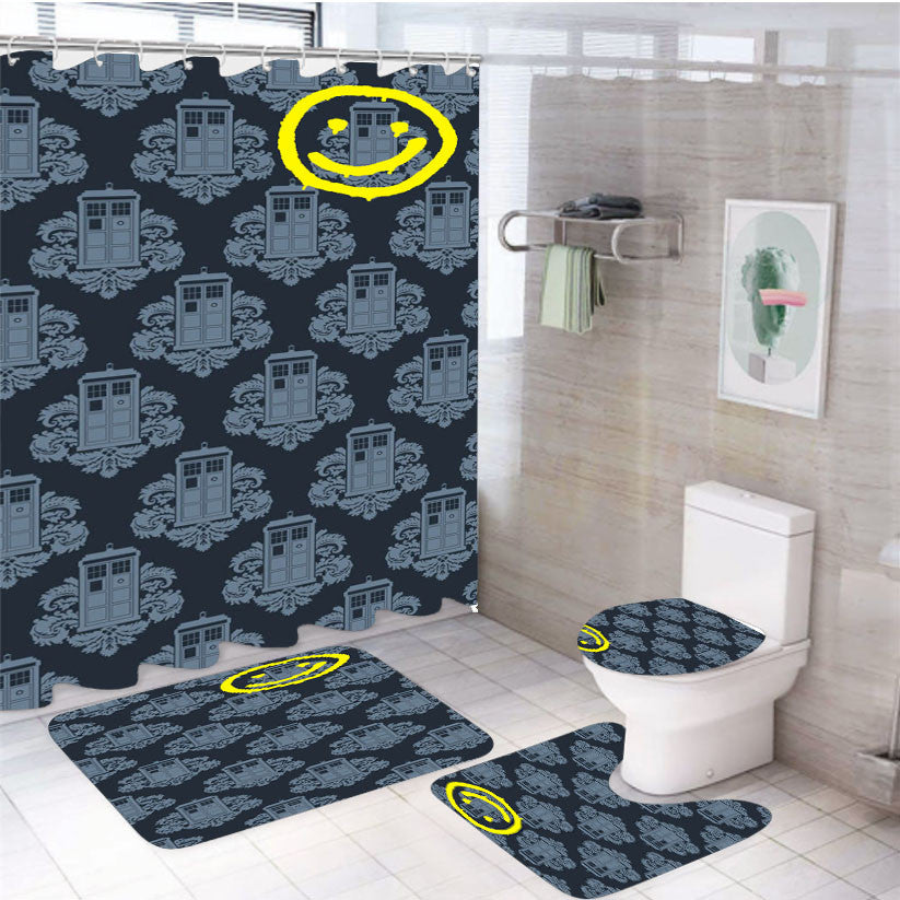 Sherlock Smiley Face Tardis 4Pcs Bathroom Non-Slip Rugs Shower Curtain Fabric Waterproof