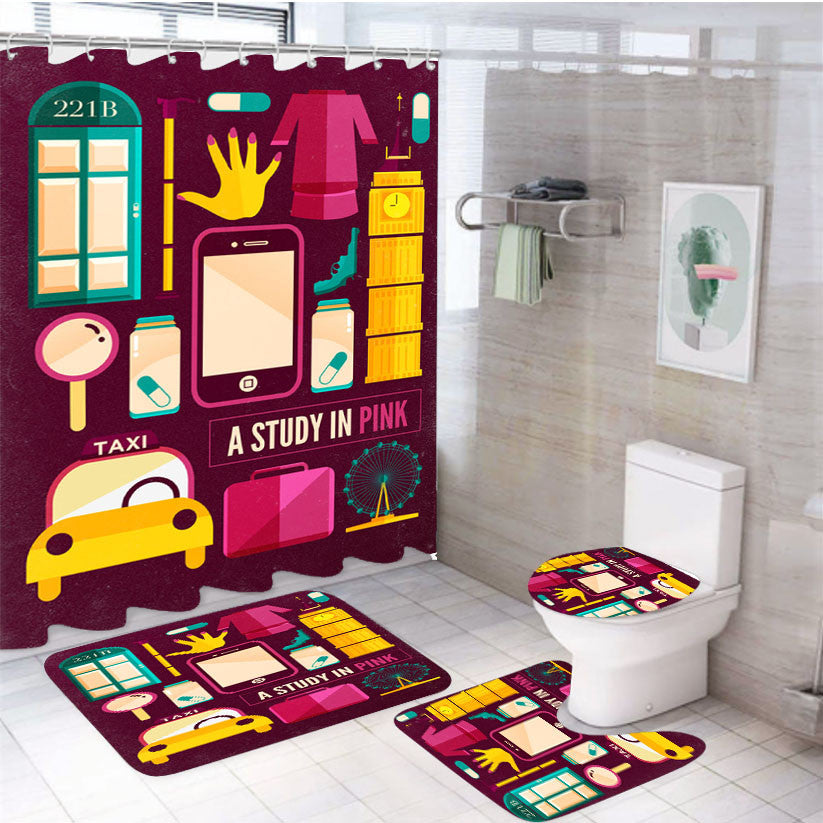 Sherlock Study In Pink 4Pcs Bathroom Non-Slip Rugs Shower Curtain Fabric Waterproof