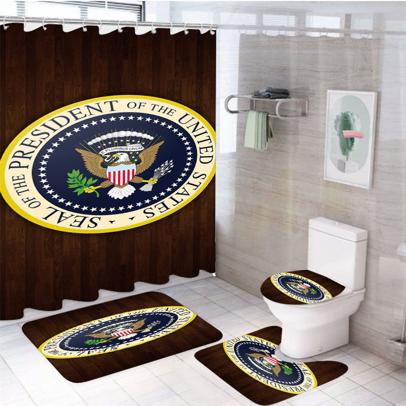 Shield United States President Wood Logo 4Pcs Bathroom Non-Slip Rugs Shower Curtain Fabric Waterproof