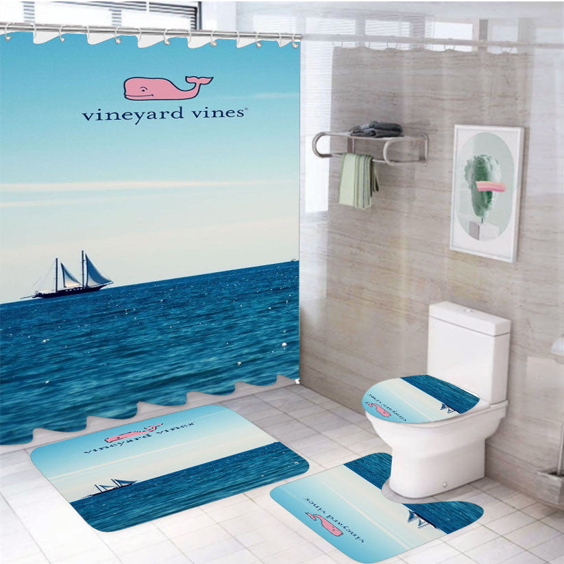 Ship Vineyard Vines 4Pcs Bathroom Non-Slip Rugs Shower Curtain Fabric Waterproof