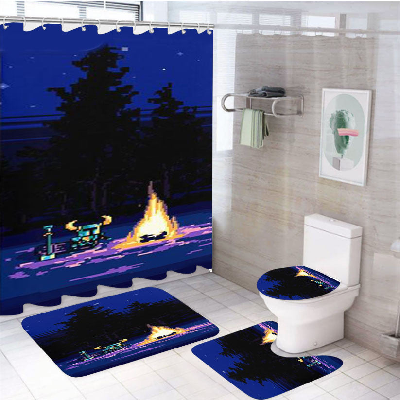 Shovel Knight Bonfire 4Pcs Bathroom Non-Slip Rugs Shower Curtain Fabric Waterproof