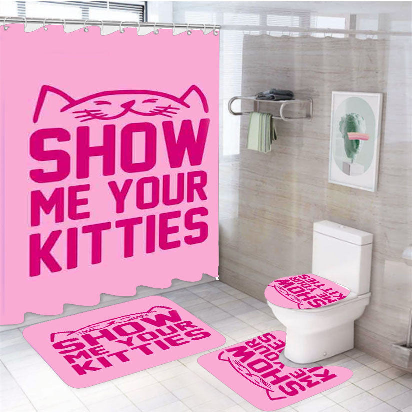 Show Me Your Kitties 4Pcs Bathroom Non-Slip Rugs Shower Curtain Fabric Waterproof