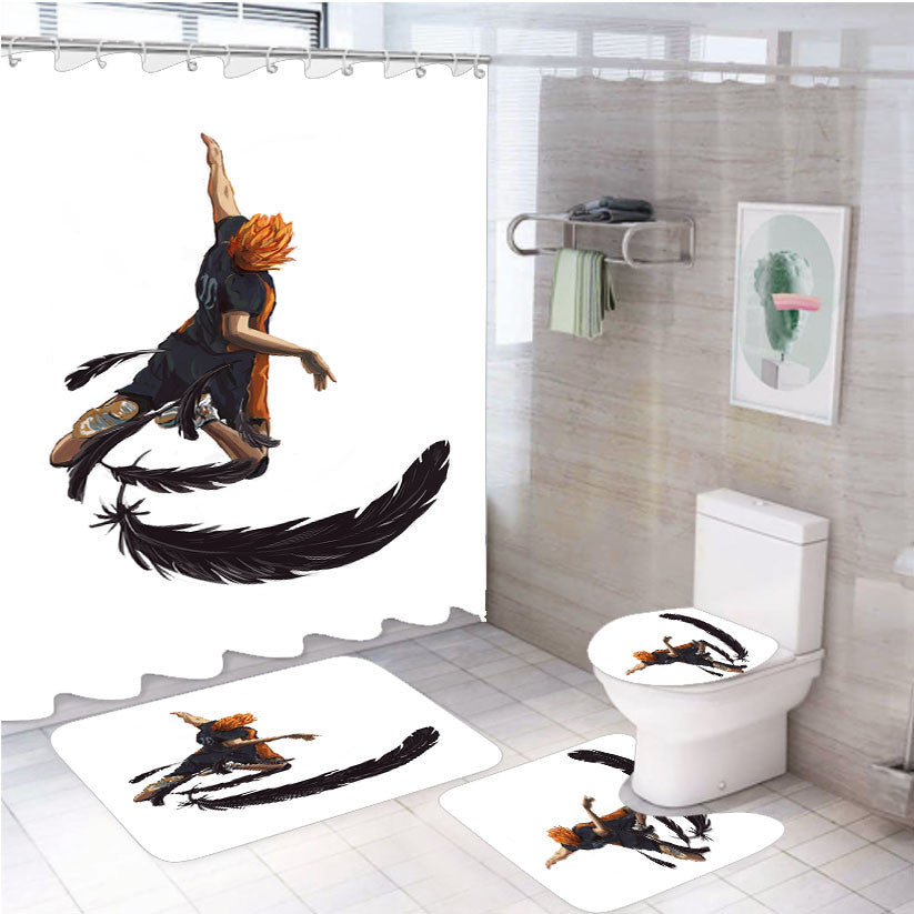 Shoyo Hinata Spike Black Crows Wings Haikyuu 4Pcs Bathroom Non-Slip Rugs Shower Curtain Fabric Waterproof