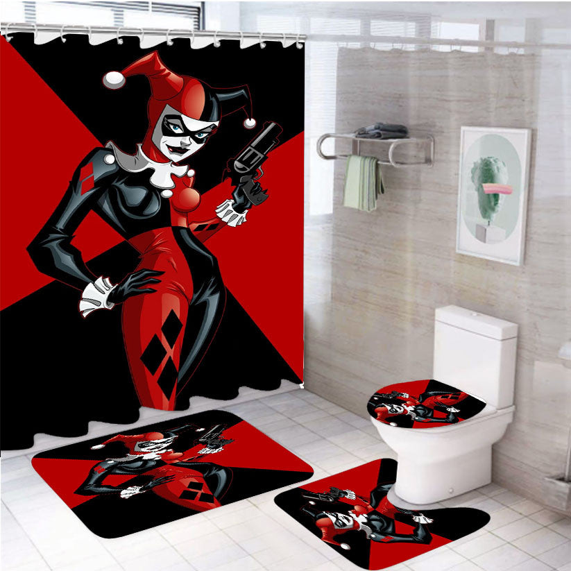 Signed Harley Quinn Art 4Pcs Bathroom Non-Slip Rugs Shower Curtain Fabric Waterproof