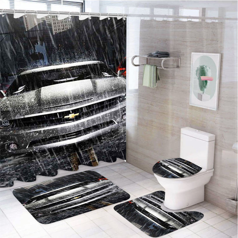 Silver Chevrolet Camaro 4Pcs Bathroom Non-Slip Rugs Shower Curtain Fabric Waterproof