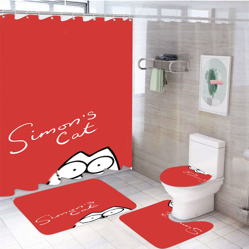 Simon'S Cat 4Pcs Bathroom Non-Slip Rugs Shower Curtain Fabric Waterproof