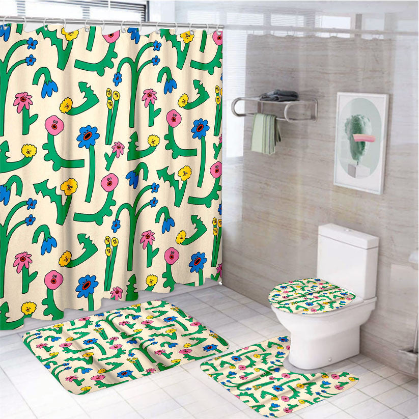 Singing Flowers 4Pcs Bathroom Non-Slip Rugs Shower Curtain Fabric Waterproof