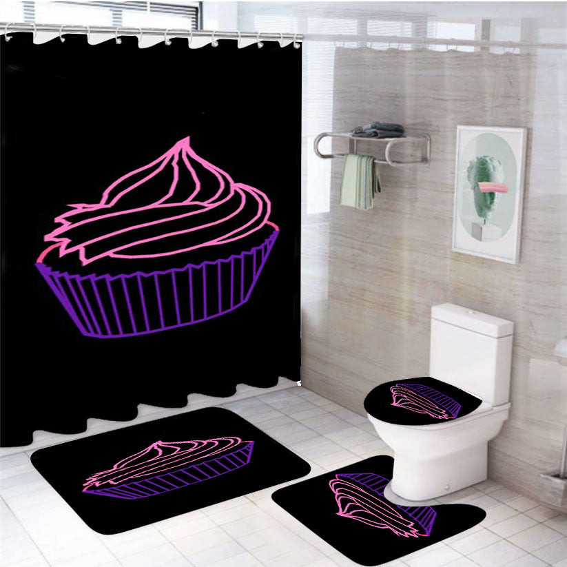 Sixty Cupcake Logo 4Pcs Bathroom Non-Slip Rugs Shower Curtain Fabric Waterproof