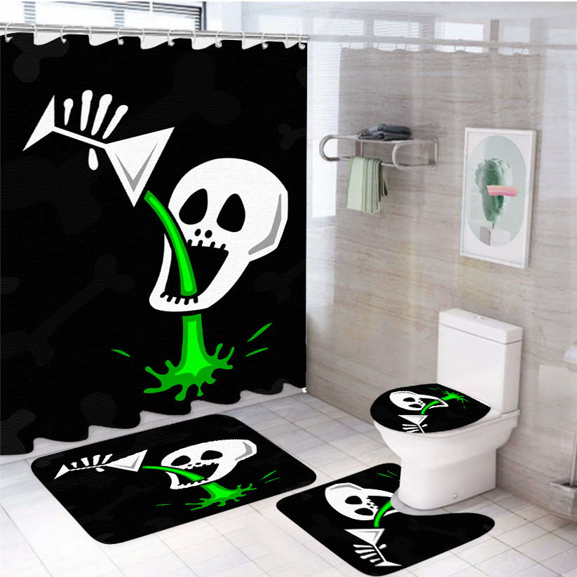 Skeleton Poison Drink 4Pcs Bathroom Non-Slip Rugs Shower Curtain Fabric Waterproof