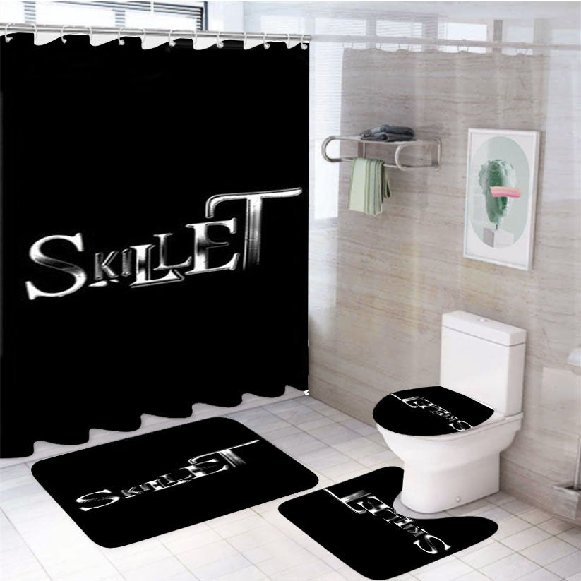Skillet Simple Design 4Pcs Bathroom Non-Slip Rugs Shower Curtain Fabric Waterproof