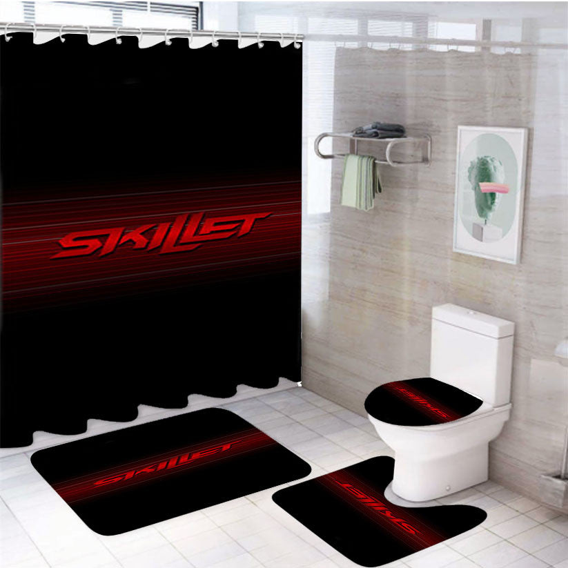 Skillet With Stripe 4Pcs Bathroom Non-Slip Rugs Shower Curtain Fabric Waterproof