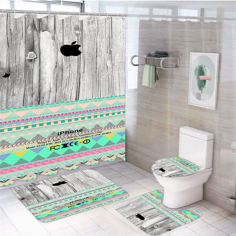Skin Aztec Geometric On Wood 4Pcs Bathroom Non-Slip Rugs Shower Curtain Fabric Waterproof