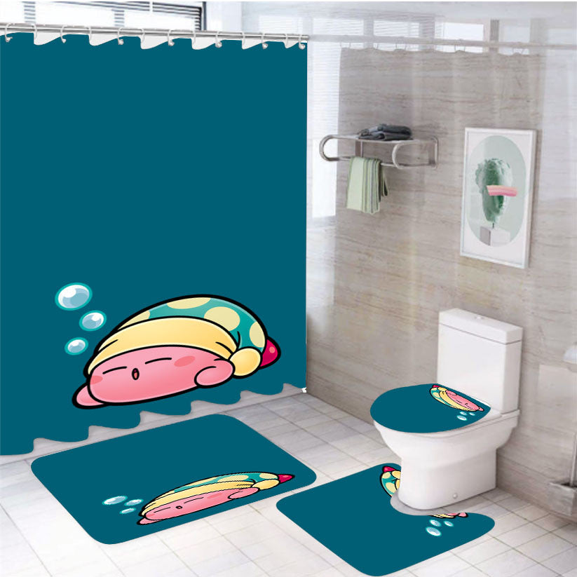 Sleepy Kirby August 4Pcs Bathroom Non-Slip Rugs Shower Curtain Fabric Waterproof