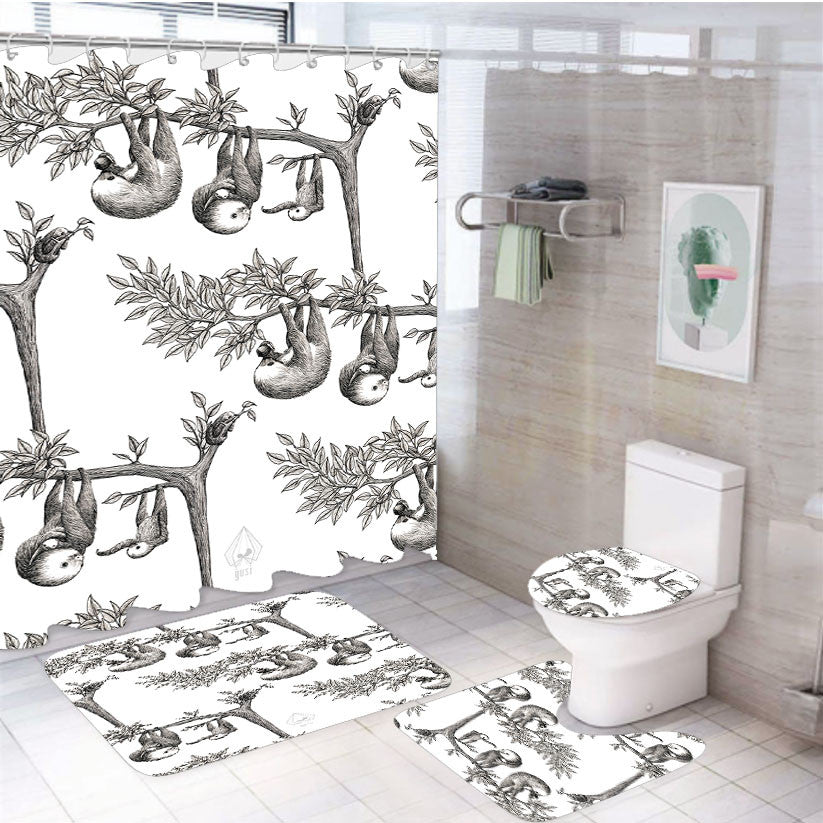 Sloth On Tree Pattern 4Pcs Bathroom Non-Slip Rugs Shower Curtain Fabric Waterproof