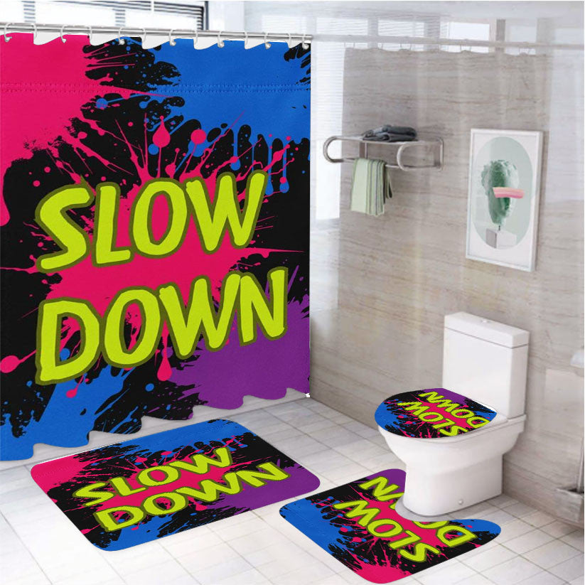 Slow Down 4Pcs Bathroom Non-Slip Rugs Shower Curtain Fabric Waterproof