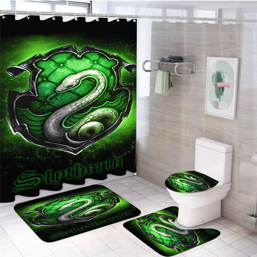 Slytherin Logo 4Pcs Bathroom Non-Slip Rugs Shower Curtain Fabric Waterproof