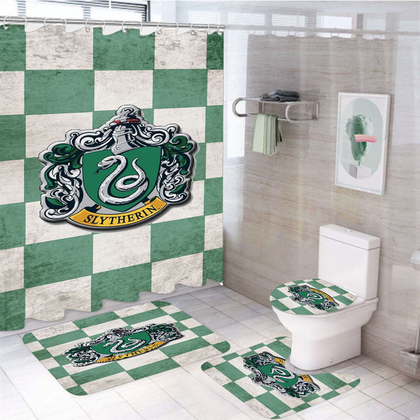 Slytherin School Crest 4Pcs Bathroom Non-Slip Rugs Shower Curtain Fabric Waterproof