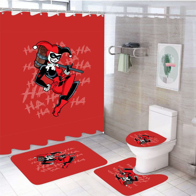 Smile Puddin 4Pcs Bathroom Non-Slip Rugs Shower Curtain Fabric Waterproof