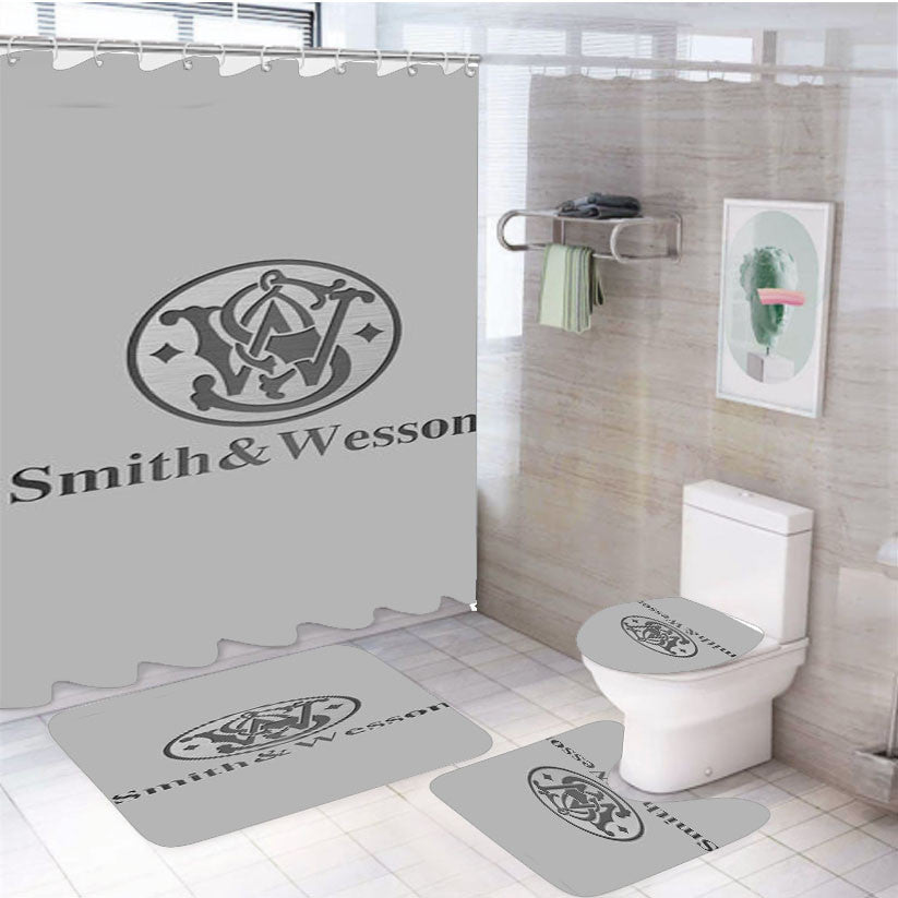 Smith And Wesson Art 4Pcs Bathroom Non-Slip Rugs Shower Curtain Fabric Waterproof